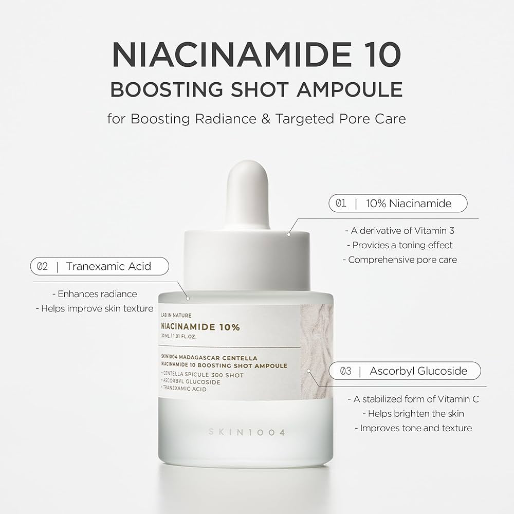 SKIN 1004 Niacinamide 10% Boosting Shot Ampoule, Niacinamide Spicule Serum for Face, Facial Ampoule with Tranexamic Acid, Pore Minimizer for Face, Madagascar Centella, Korean Skin Care, 1.01fl.oz/ 30ml